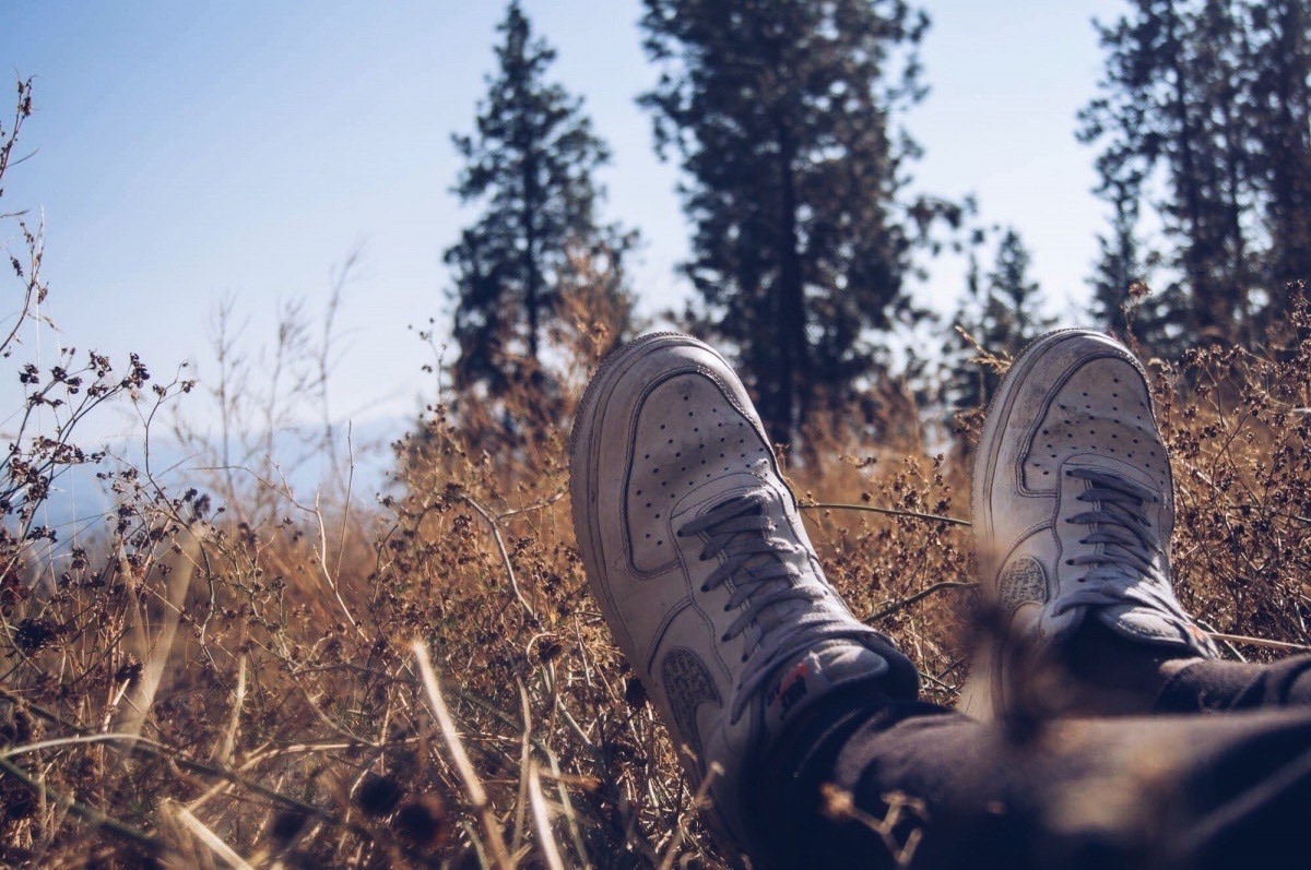 picture of a man's shoes sitting in grass